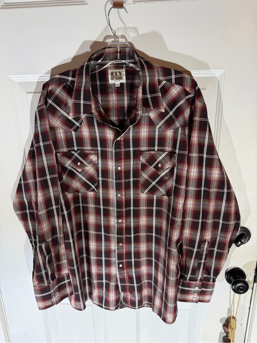 Ely Cattleman Burgundy and Black Plaid Western Shirt